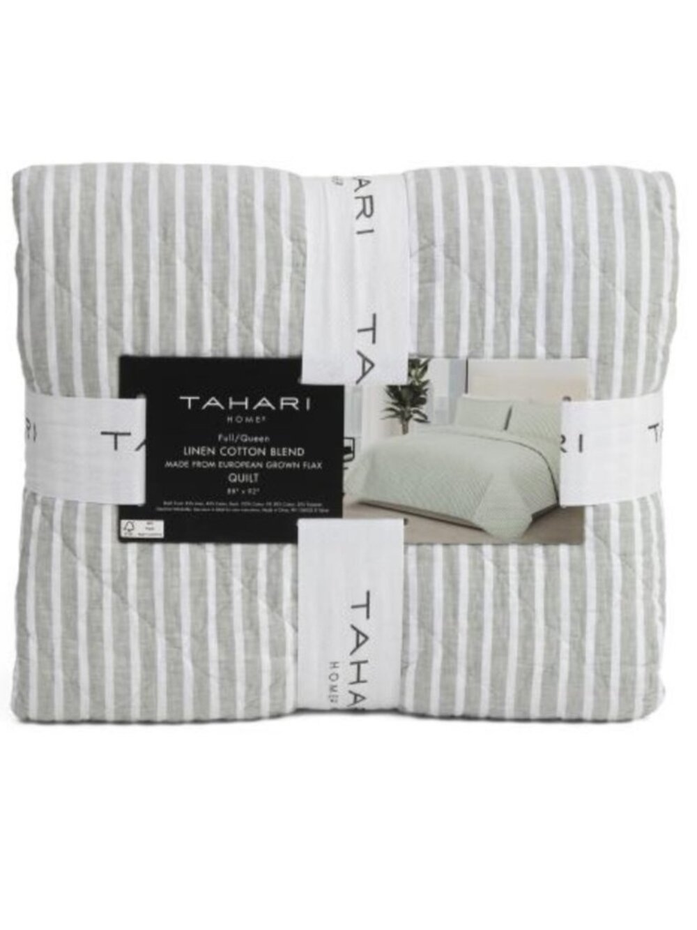 Tahari Home Striped Linen-Cotton Quilt in Sage and White